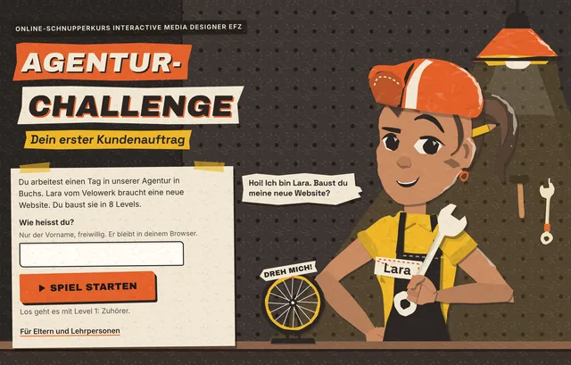 Start screen of the taster game: Lara in her bike workshop and the ‘Spiel starten’ button