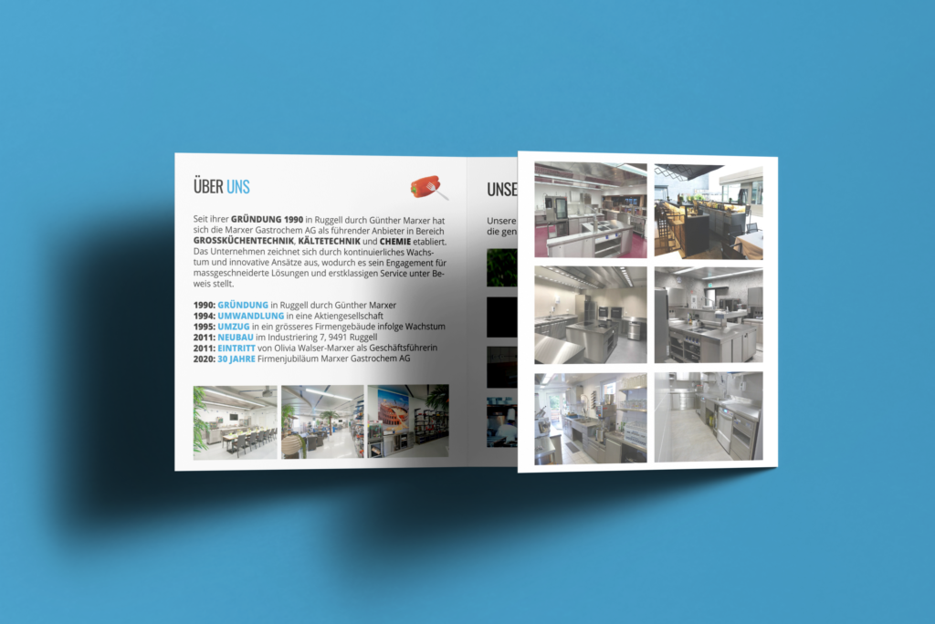 A brochure from Marxer Gastrochem AG, half-open, with the ‘About Us’ page beneath the spread with the picture