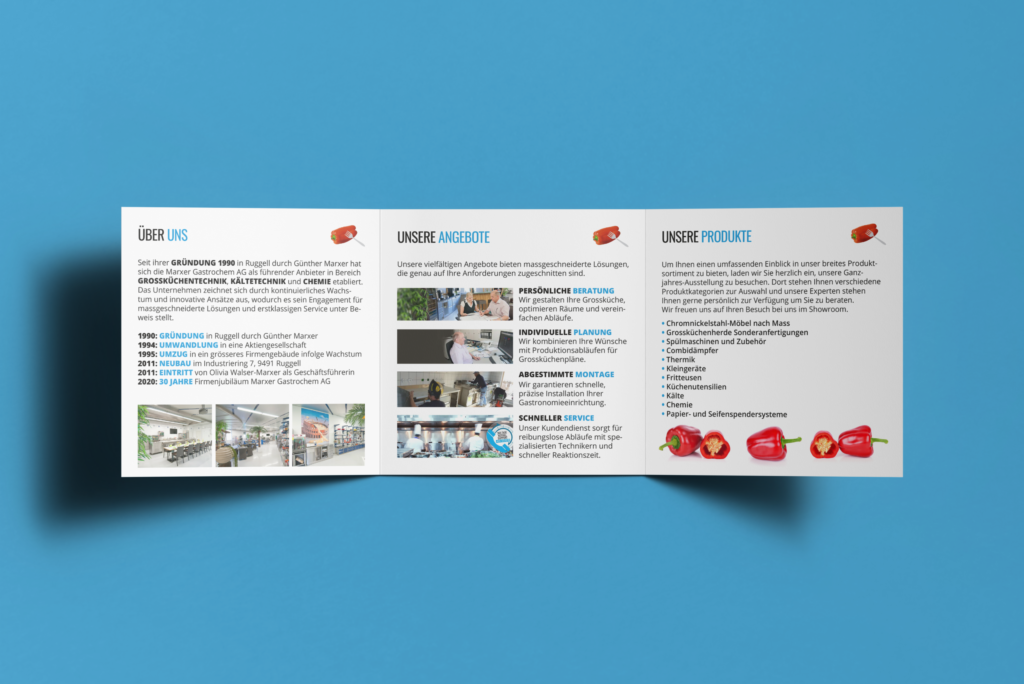 Unfolded inside pages of Marxer Gastrochem AG featuring ‘About Us’, ‘Our Services’ and ‘Our Products’