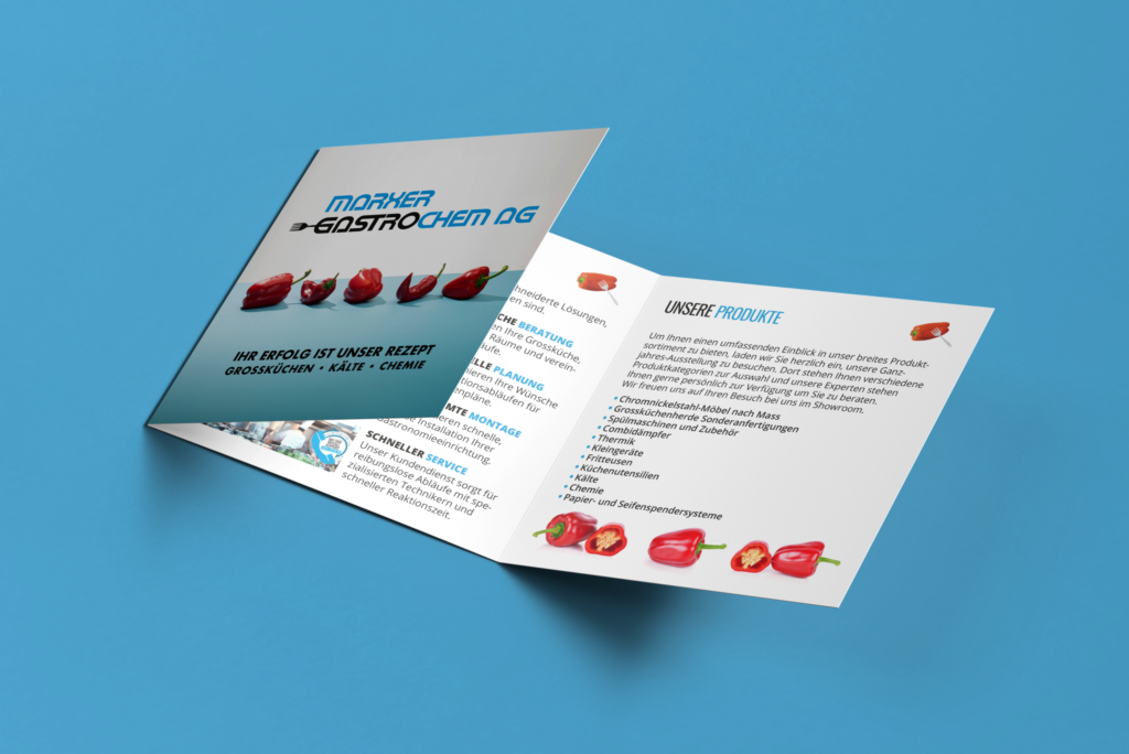 Half-unfolded Marxer Gastrochem AG brochure, front cover next to the product page with peppers