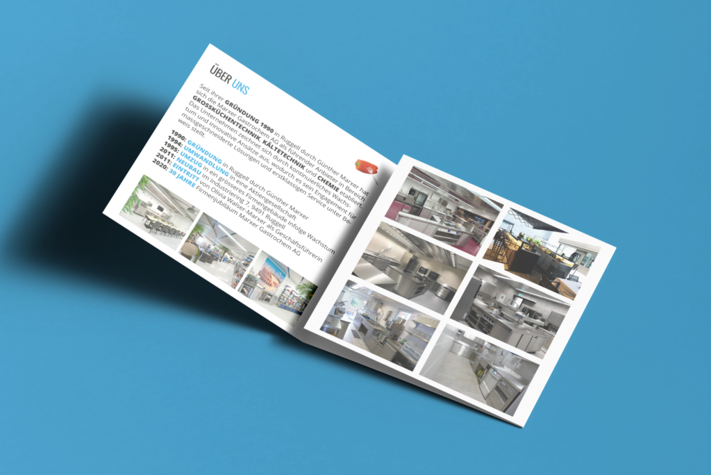 Open ‘About us’ spread of the Marxer Gastrochem AG brochure, with a company timeline and a grid of commercial kitchen photos
