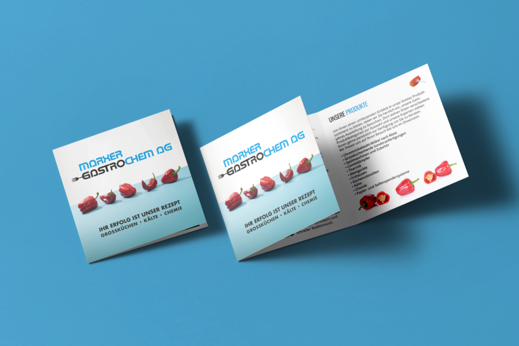 Two closed brochures from Marxer Gastrochem AG alongside an open product page on a blue background