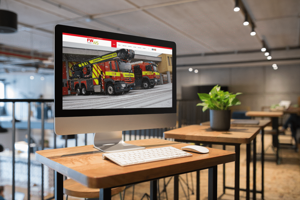 An iMac on a bar table, displaying the home page of the Feuerwehr Werdenberg Süd and two fire engines in the snow