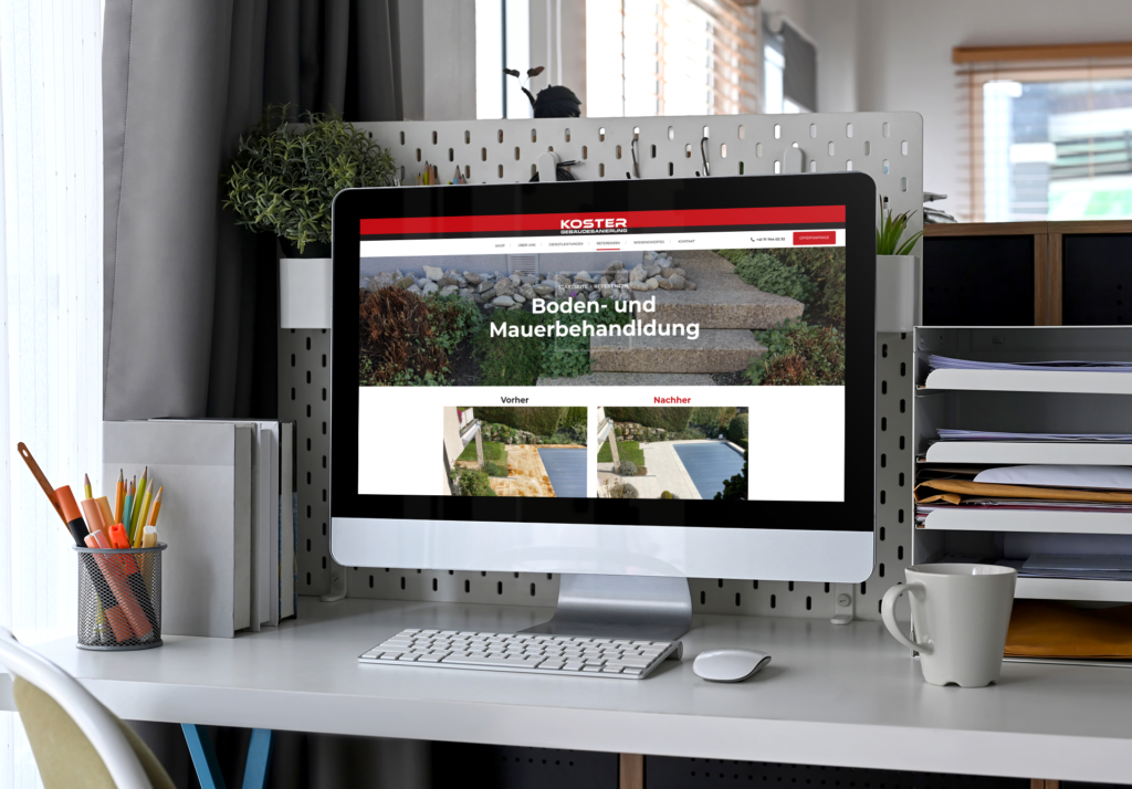 iMac in the home office, featuring the ‘Floor and Wall Treatment’ page from Koster and before-and-after photos