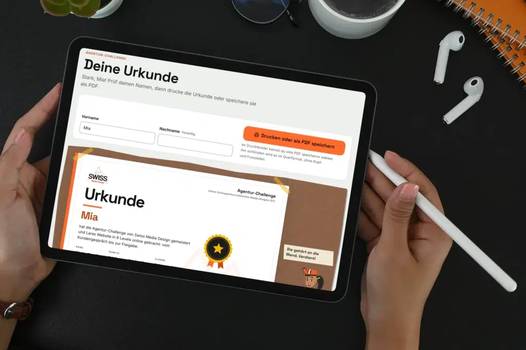 Die Urkunde der Schnupper-Challenge auf einem iPad: Urkunde für Mia zum Ausdrucken oder als PDF